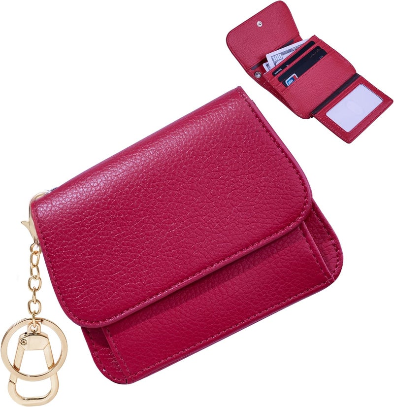 Sunpour Women Small Wallet RFID Blocking Slim Wallet with Coin Pocket Tri-Fold Credit Card Holder with ID Window and Keychain (Red) - Image 1